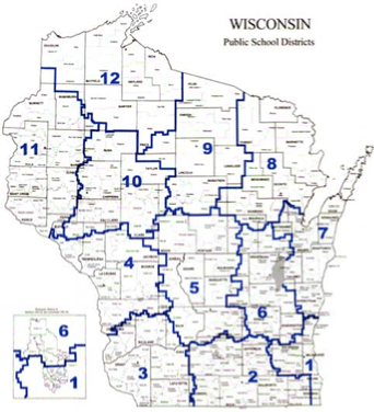 Map of Wisconsin, divided up into numbered sections